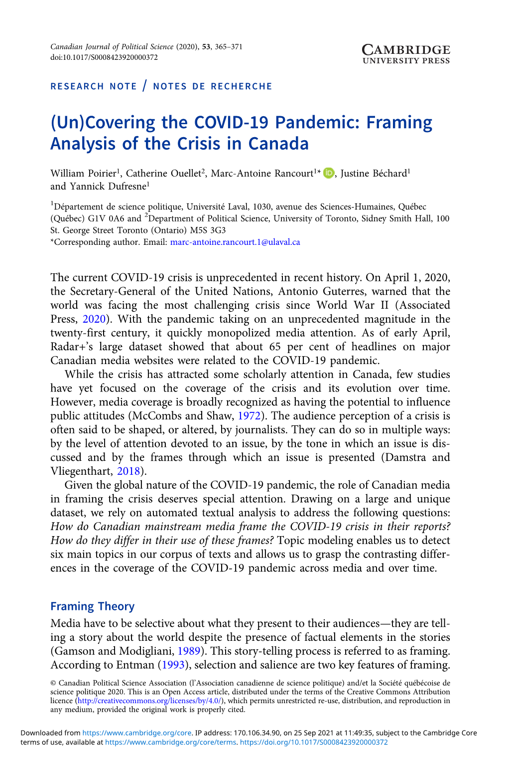 Covering the COVID-19 Pandemic: Framing Analysis of the Crisis in Canada