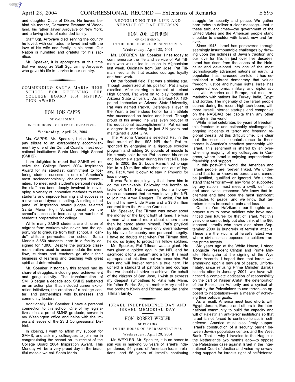 CONGRESSIONAL RECORD— Extensions of Remarks E695 HON. LOIS CAPPS HON. ZOE LOFGREN HON. ROBERT WEXLER