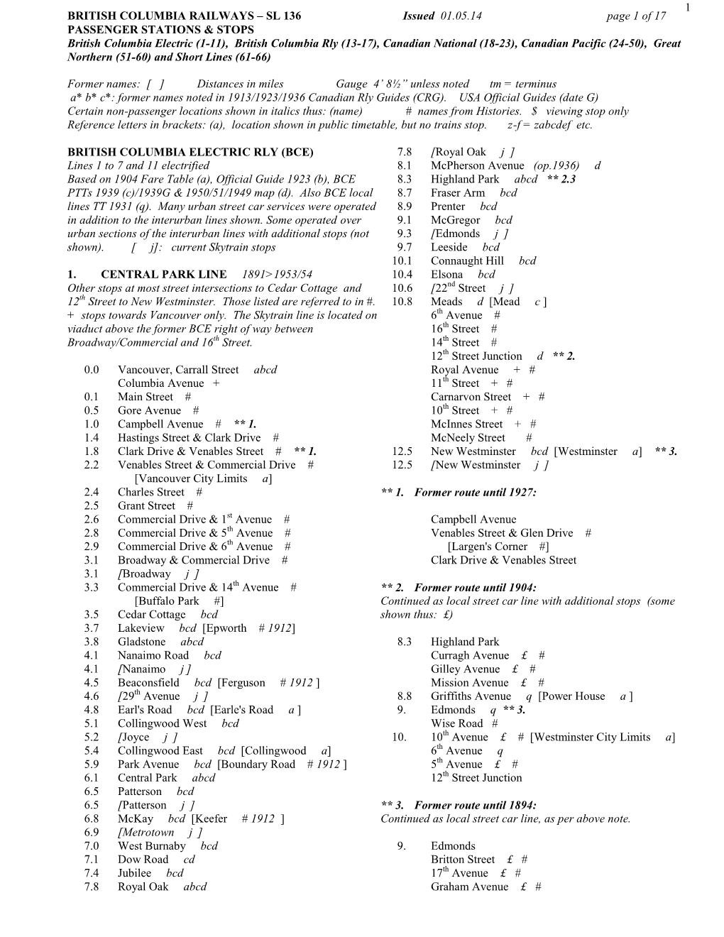 1 BRITISH COLUMBIA RAILWAYS – SL 136 Issued 01.05.14 Page 1 of 17 PASSENGER STATIONS & STOPS British Columbia Electri