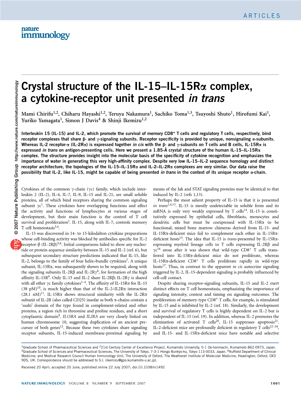 Crystal Structure of the IL-15–IL-15Ra Complex, a Cytokine-Receptor Unit Presented in Trans