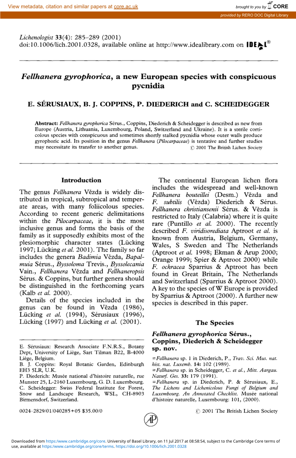 Fellhanera Gyrophorica, a New European Species with Conspicuous Pycnidia