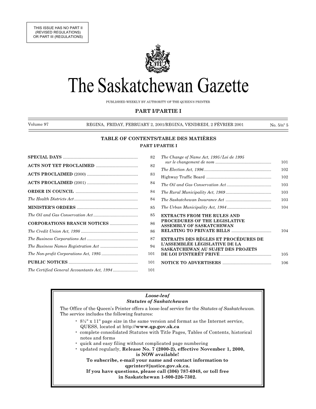 Sask Gazette, Part I, Feb 2, 2001