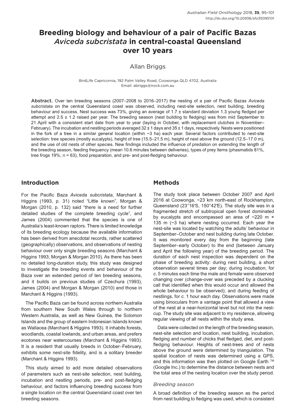 Breeding Biology and Behaviour of a Pair of Pacific Bazas Aviceda Subcristata in Central-Coastal Queensland Over 10 Years