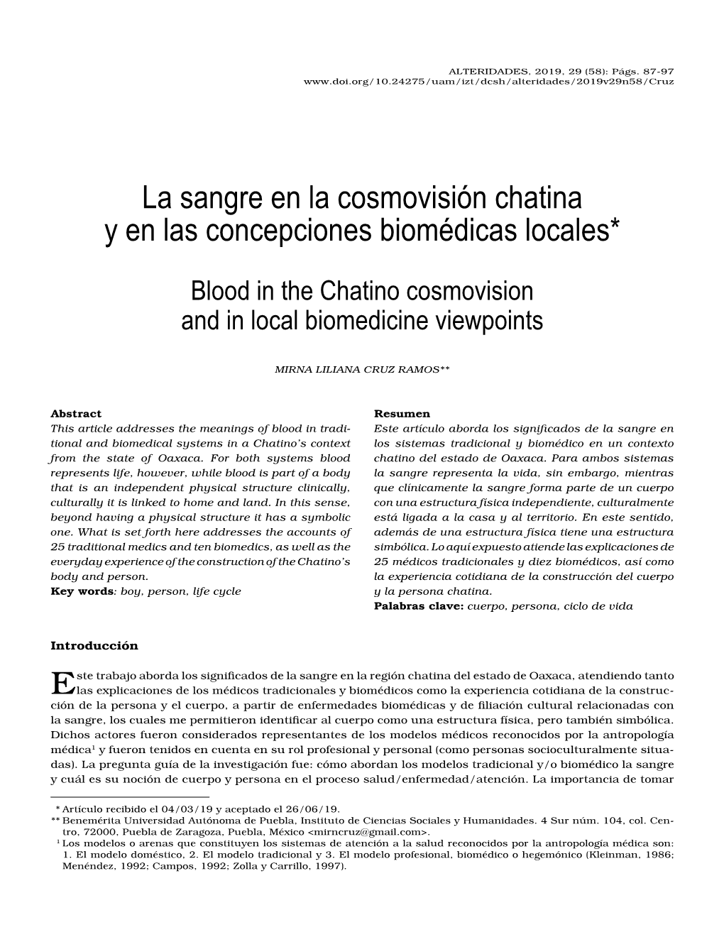 La Sangre En La Cosmovisión Chatina Y En Las Concepciones Biomédicas Locales*