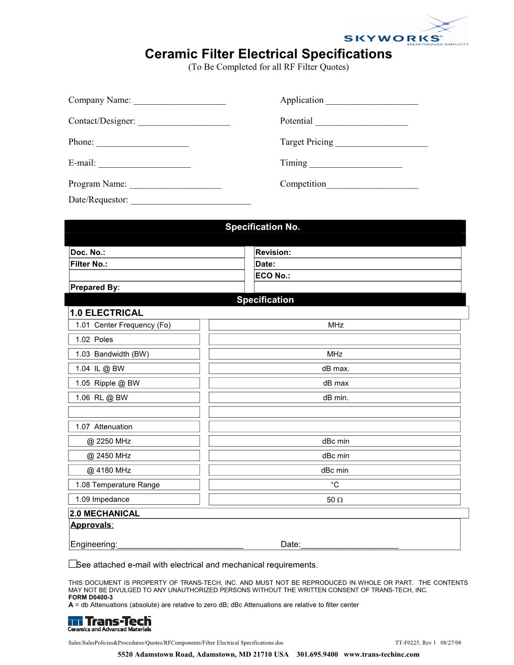 Ceramic Filter Electrical Specifications