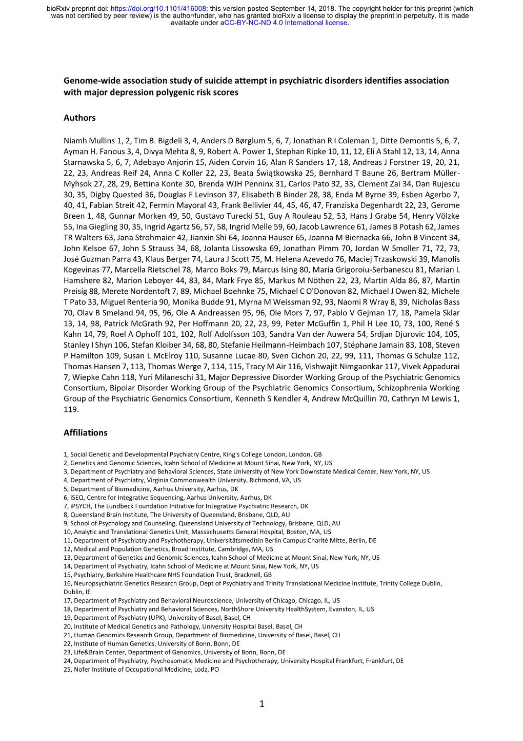 Genome-Wide Association Study of Suicide Attempt in Psychiatric Disorders Identifies Association with Major Depression Polygenic Risk Scores