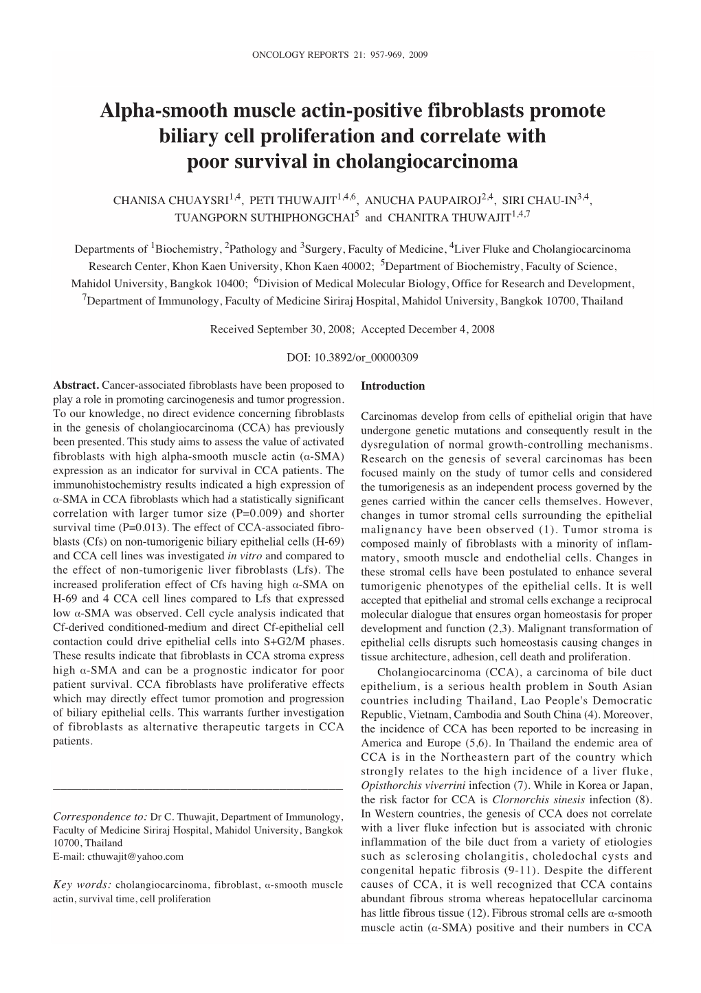 Alpha-Smooth Muscle Actin-Positive Fibroblasts Promote Biliary Cell Proliferation and Correlate with Poor Survival in Cholangiocarcinoma