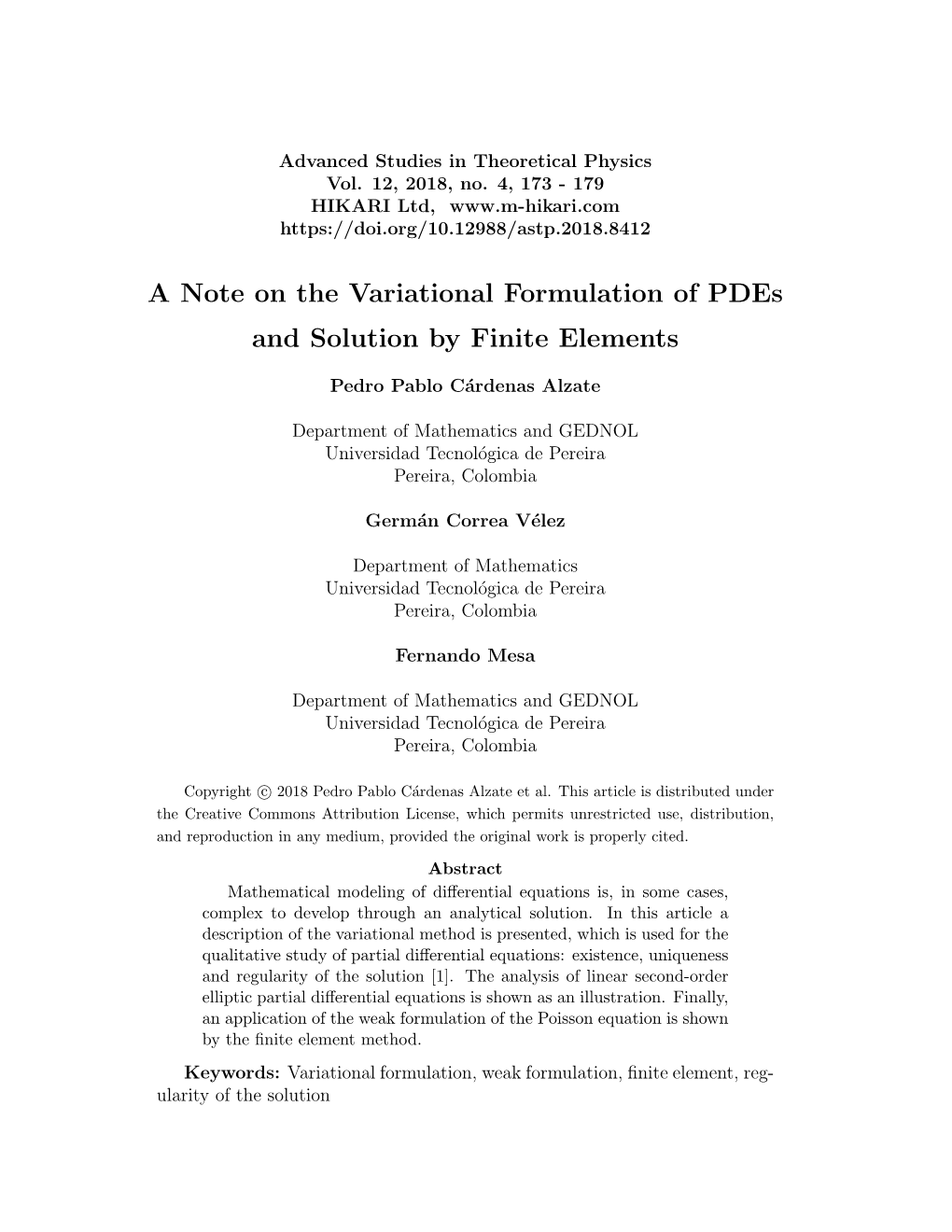 A Note on the Variational Formulation of Pdes and Solution by Finite Elements