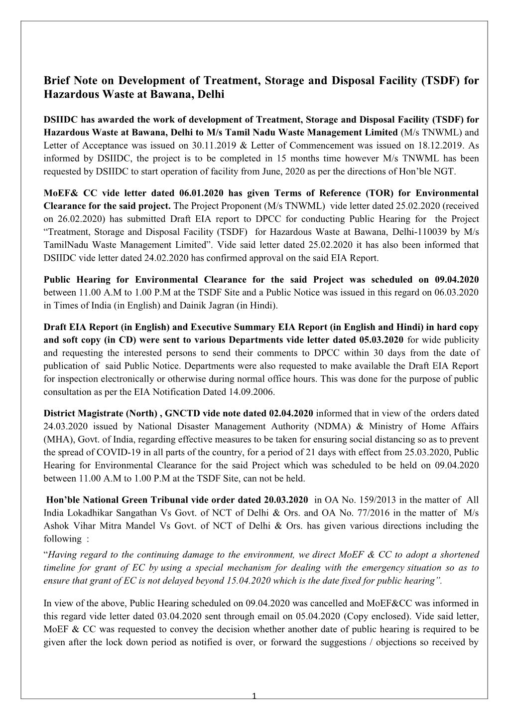 Brief Note on Development of Treatment, Storage and Disposal Facility (TSDF) for Hazardous Waste at Bawana, Delhi