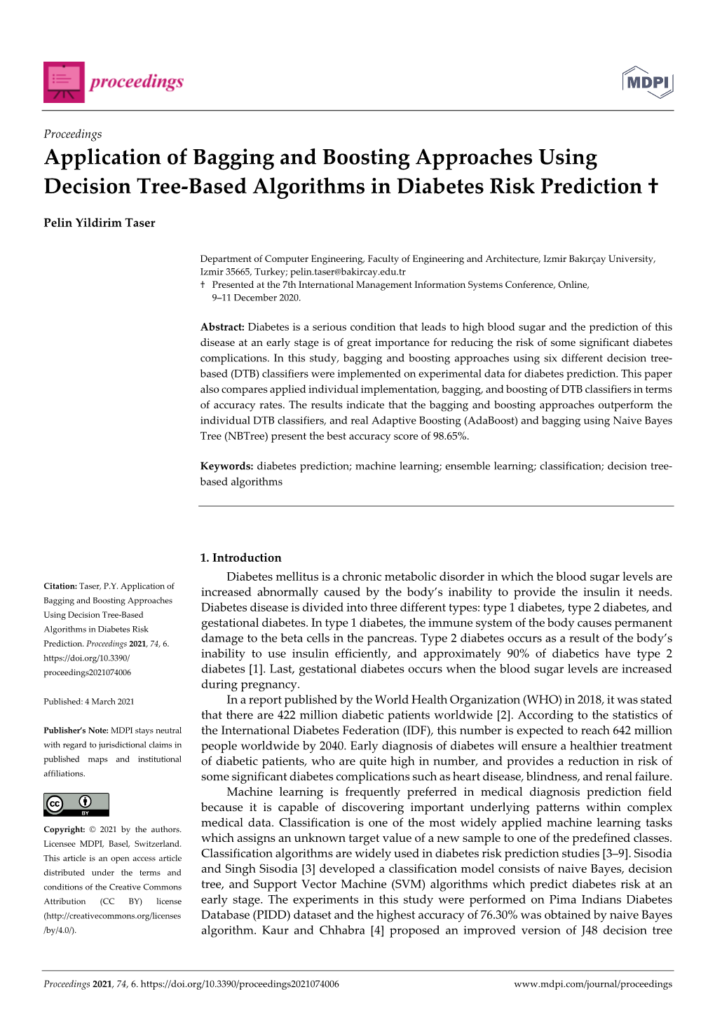 Application of Bagging and Boosting Approaches Using Decision Tree-Based Algorithms in Diabetes Risk Prediction †