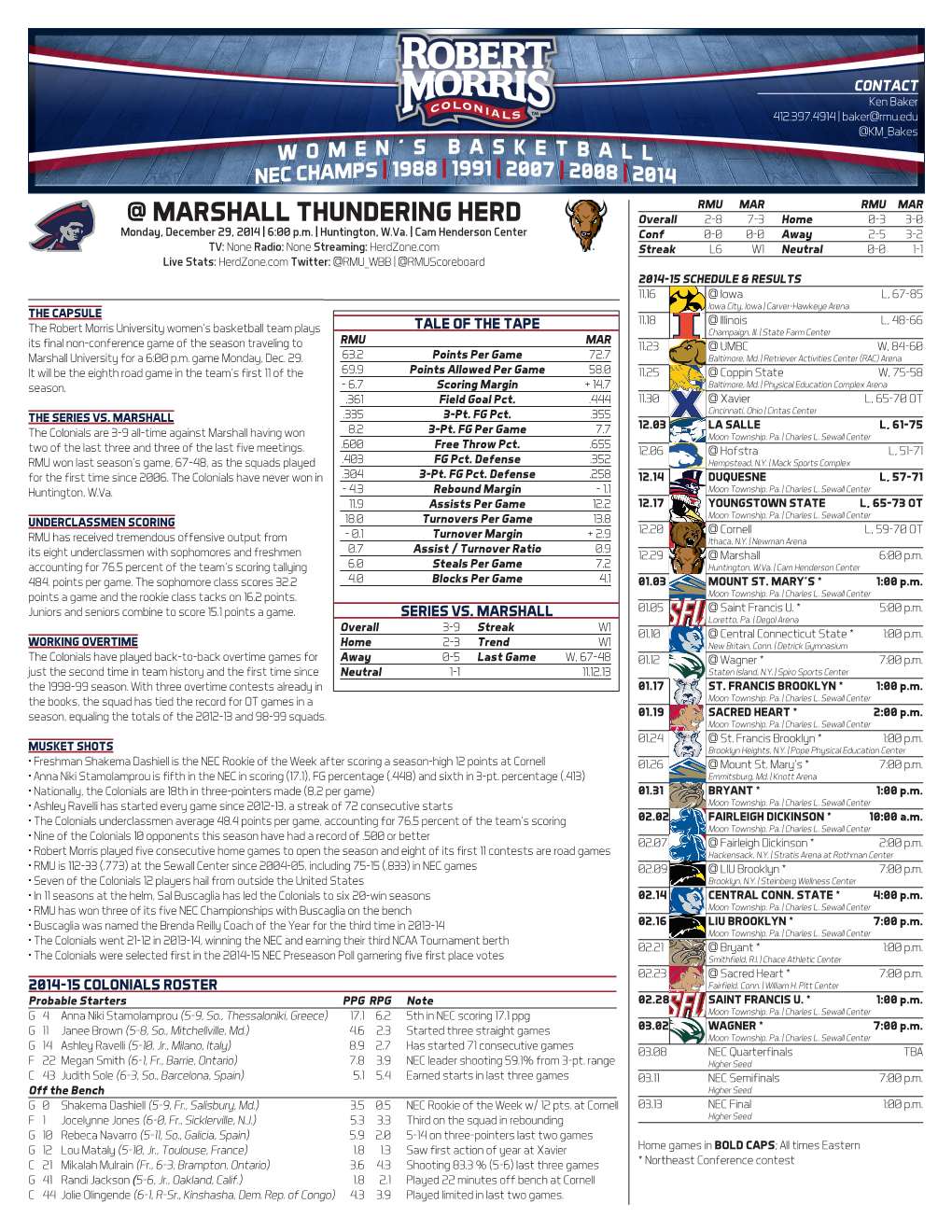 @ MARSHALL THUNDERING HERD Overall 2-8 7-3 Home 0-3 3-0 Monday, December 29, 2014 | 6:00 P.M