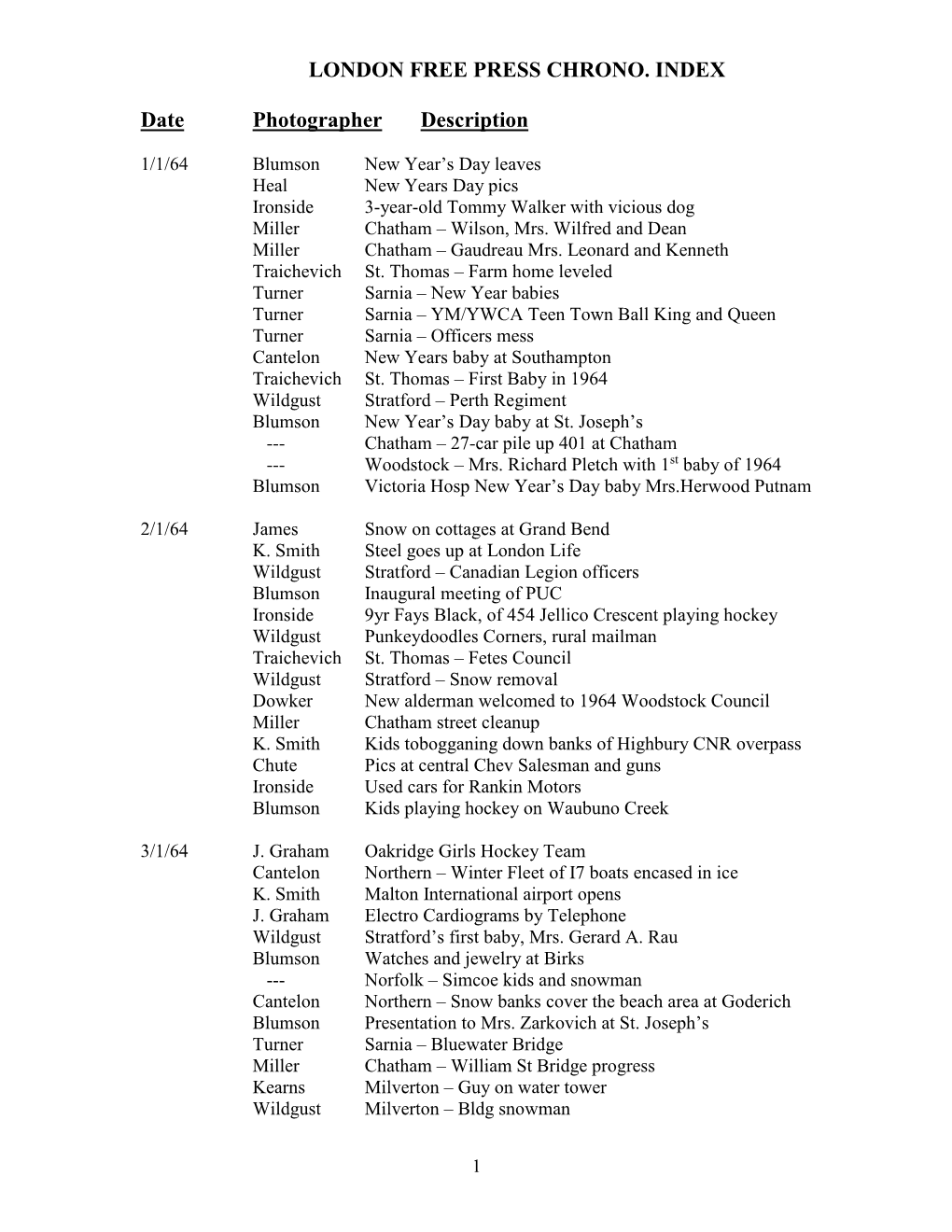 1964 Wildgust Stratford – Perth Regiment Blumson New Year’S Day Baby at St