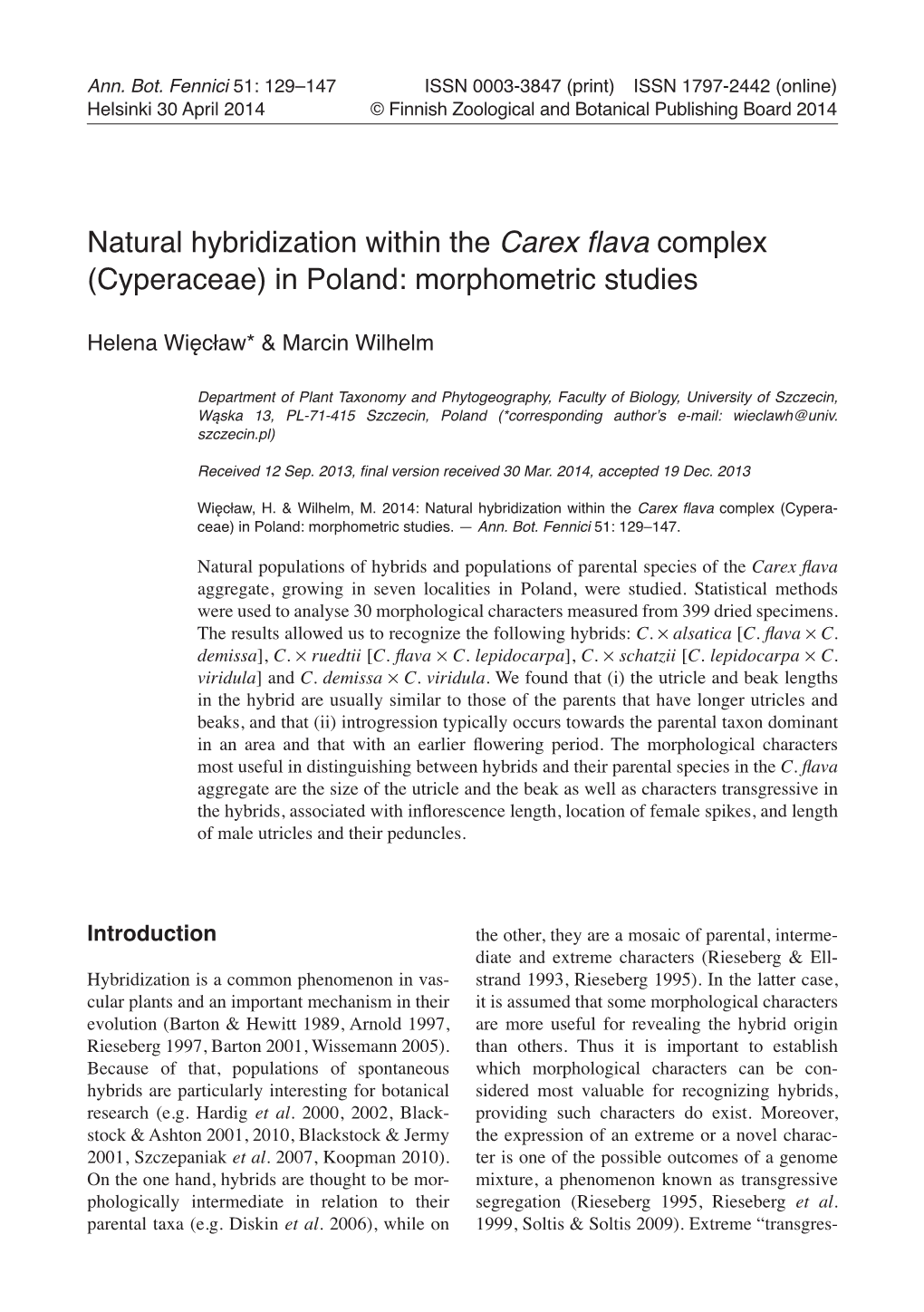 Carex Flava Complex (Cyperaceae) in Poland: Morphometric Studies