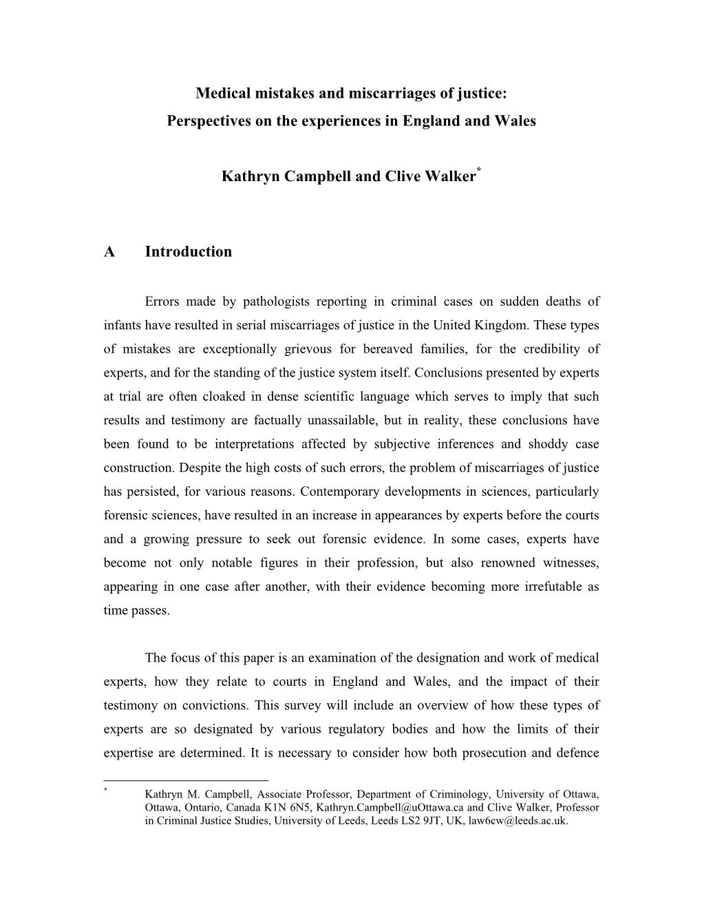 Medical Mistakes and Miscarriages of Justice: Perspectives on the Experiences in England and Wales