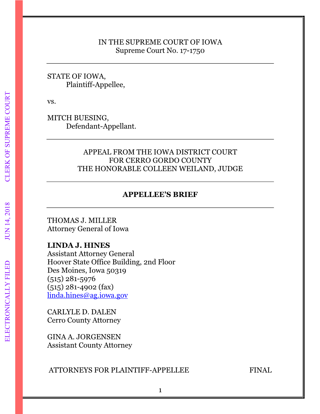 ELECTRONICALLY FILED JUN 14, 2018 CLERK of SUPREME COURT Assistant County Attorney