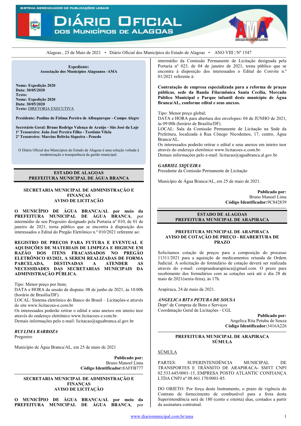 Alagoas , 25 De Maio De 2021 • Diário Oficial Dos Municípios Do Estado De Alagoas • ANO VIII | Nº 1547