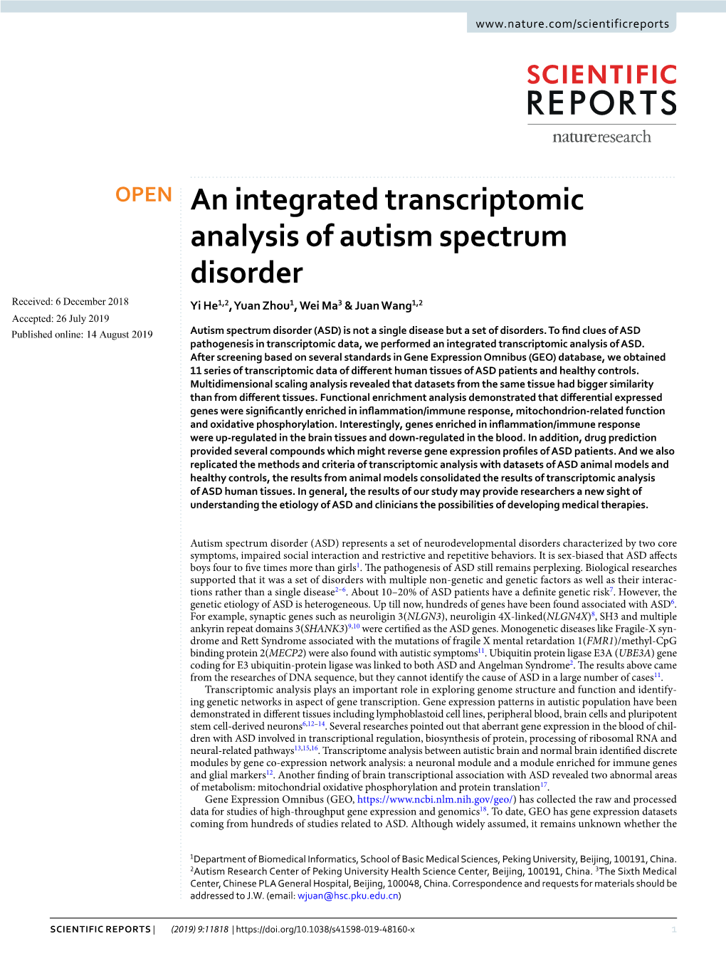 An Integrated Transcriptomic Analysis of Autism Spectrum Disorder