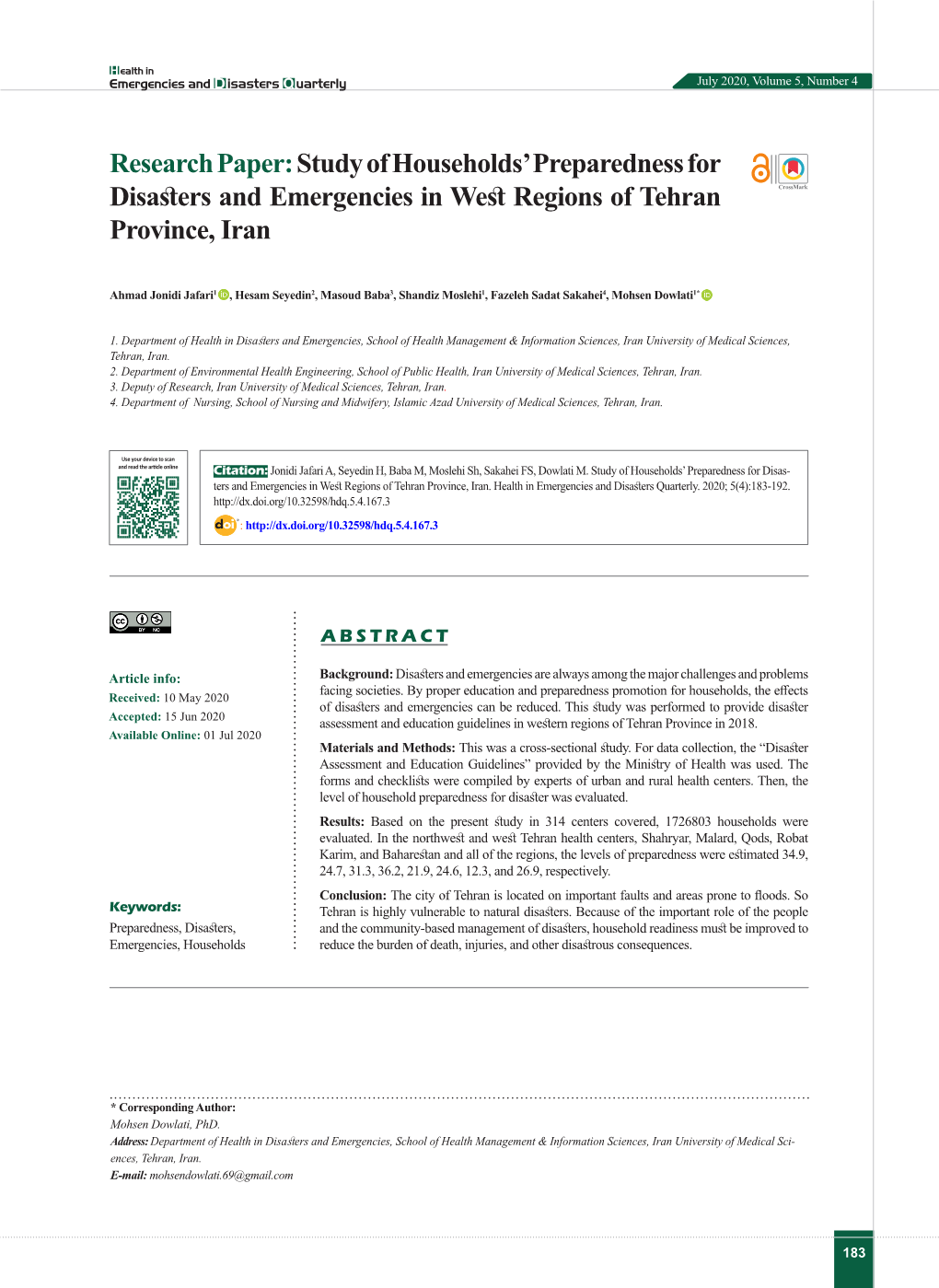 Study of Households' Preparedness for Disasters and Emergencies In