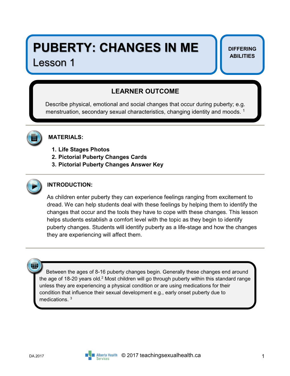 PUBERTY: CHANGES in ME DIFFERING ABILITIES Lesson 1