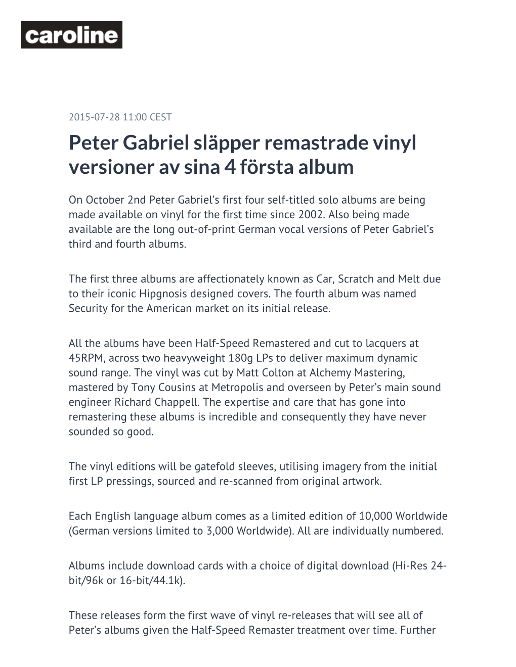 Peter Gabriel Släpper Remastrade Vinyl Versioner Av Sina 4 Första Album