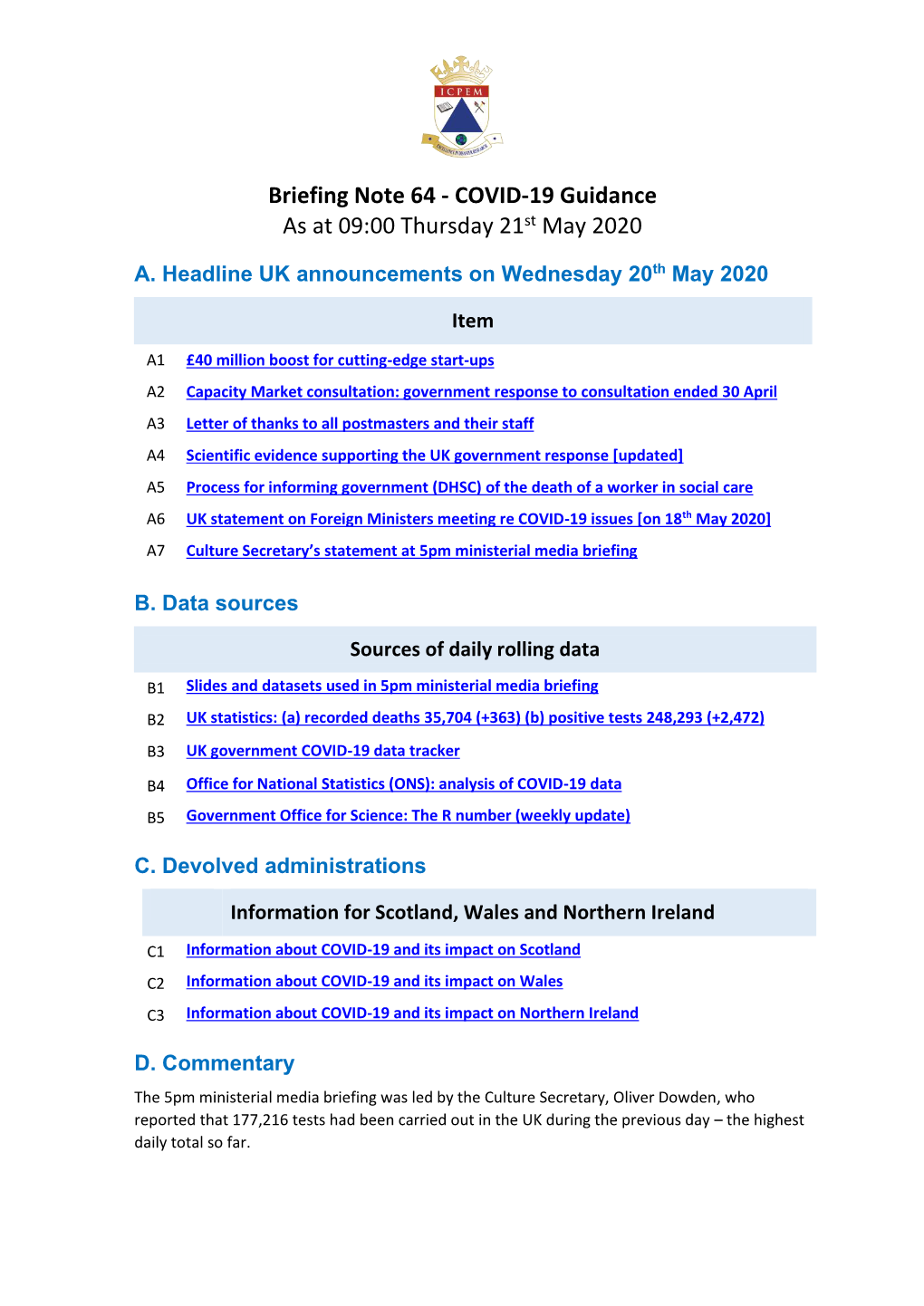 Briefing Note 64 - COVID-19 Guidance As at 09:00 Thursday 21St May 2020