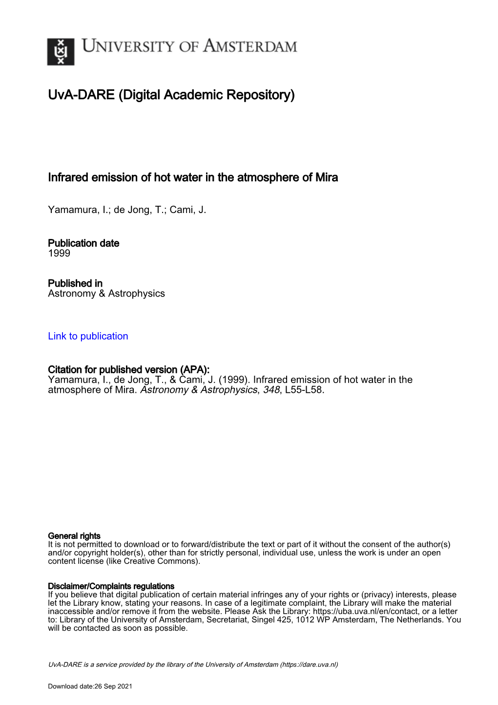 Infrared Emission of Hot Water in the Atmosphere of Mira