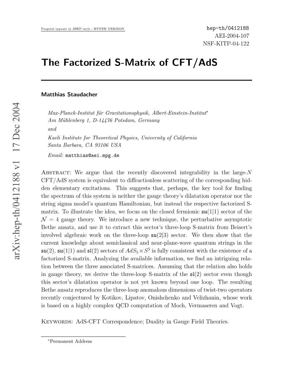 Arxiv:Hep-Th/0412188 V1 17 Dec 2004