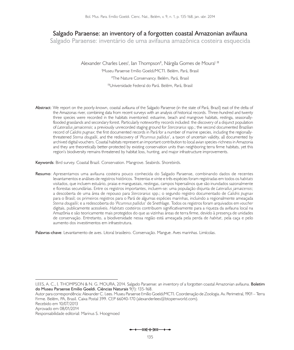 Salgado Paraense: an Inventory of a Forgotten Coastal Amazonian Avifauna Salgado Paraense: Inventário De Uma Avifauna Amazônica Costeira Esquecida