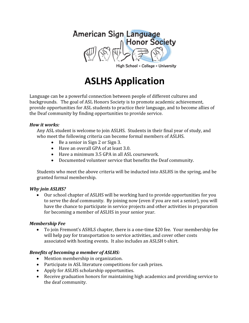 ASLHS Application