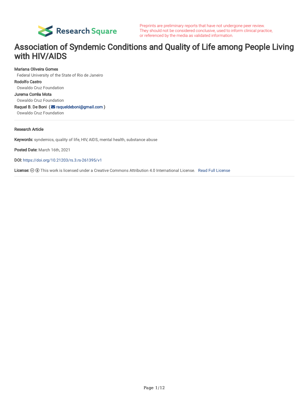 Association of Syndemic Conditions and Quality of Life Among People Living with HIV/AIDS