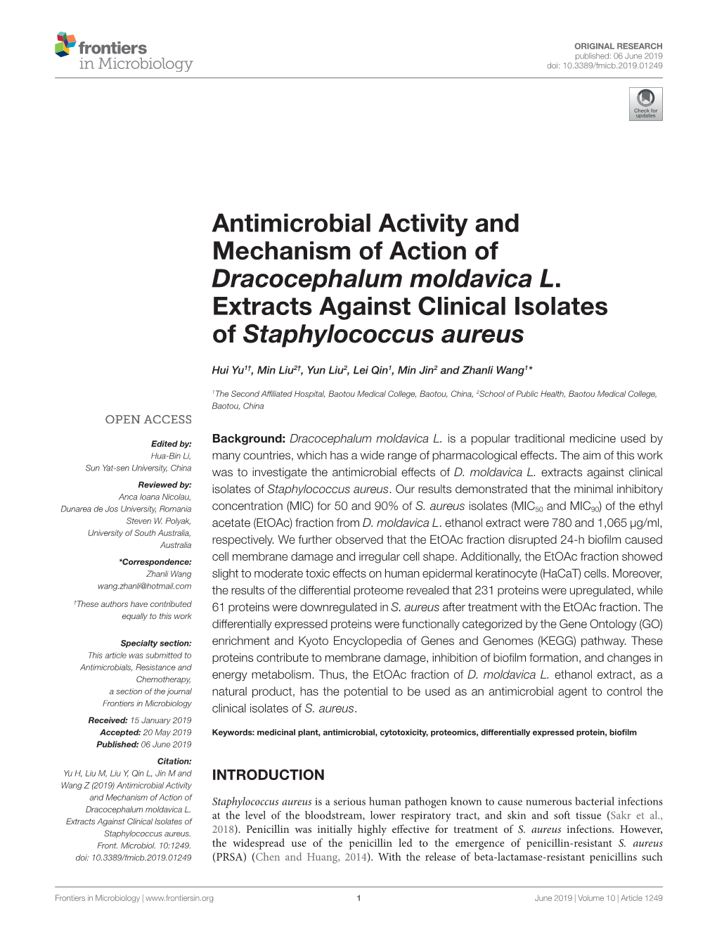 Antimicrobial Activity and Mechanism of Action of ﻿Dracocephalum