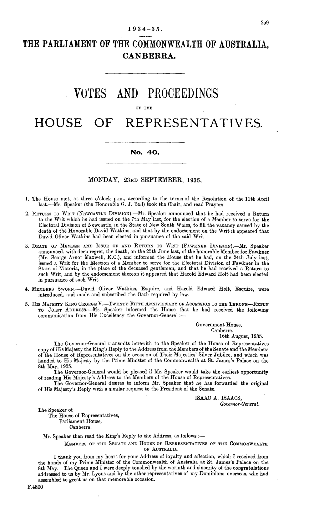 Votes and Proceedings House of Representatives