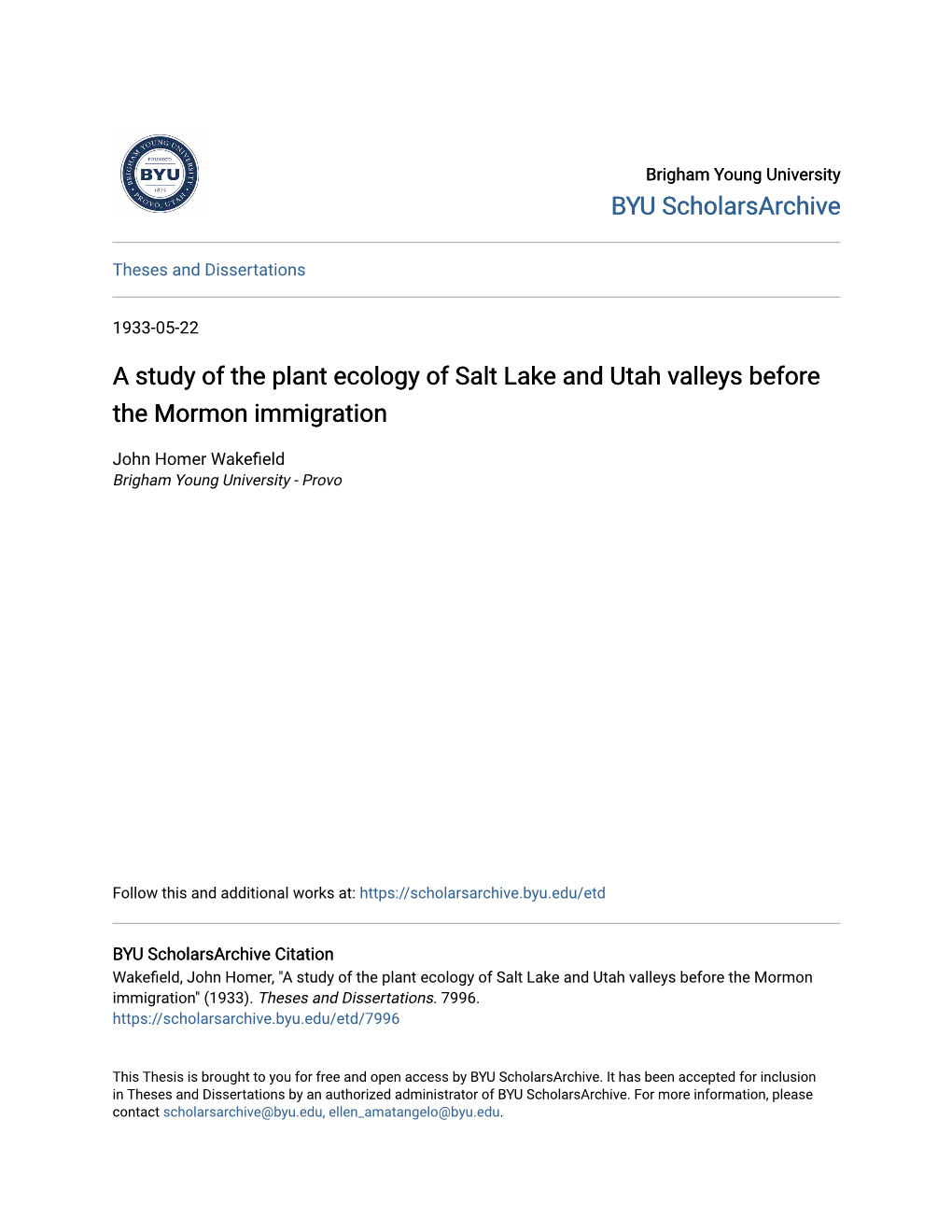 A Study of the Plant Ecology of Salt Lake and Utah Valleys Before the Mormon Immigration