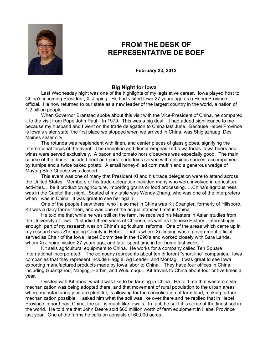 From the Desk of Representative De Boef