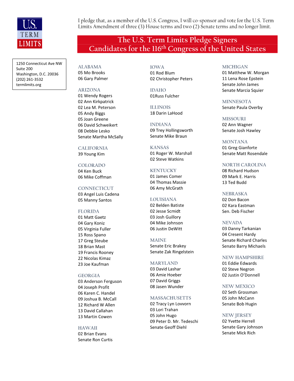 The U.S. Term Limits Pledge Signers Candidates for the 116Th Congress of the United States