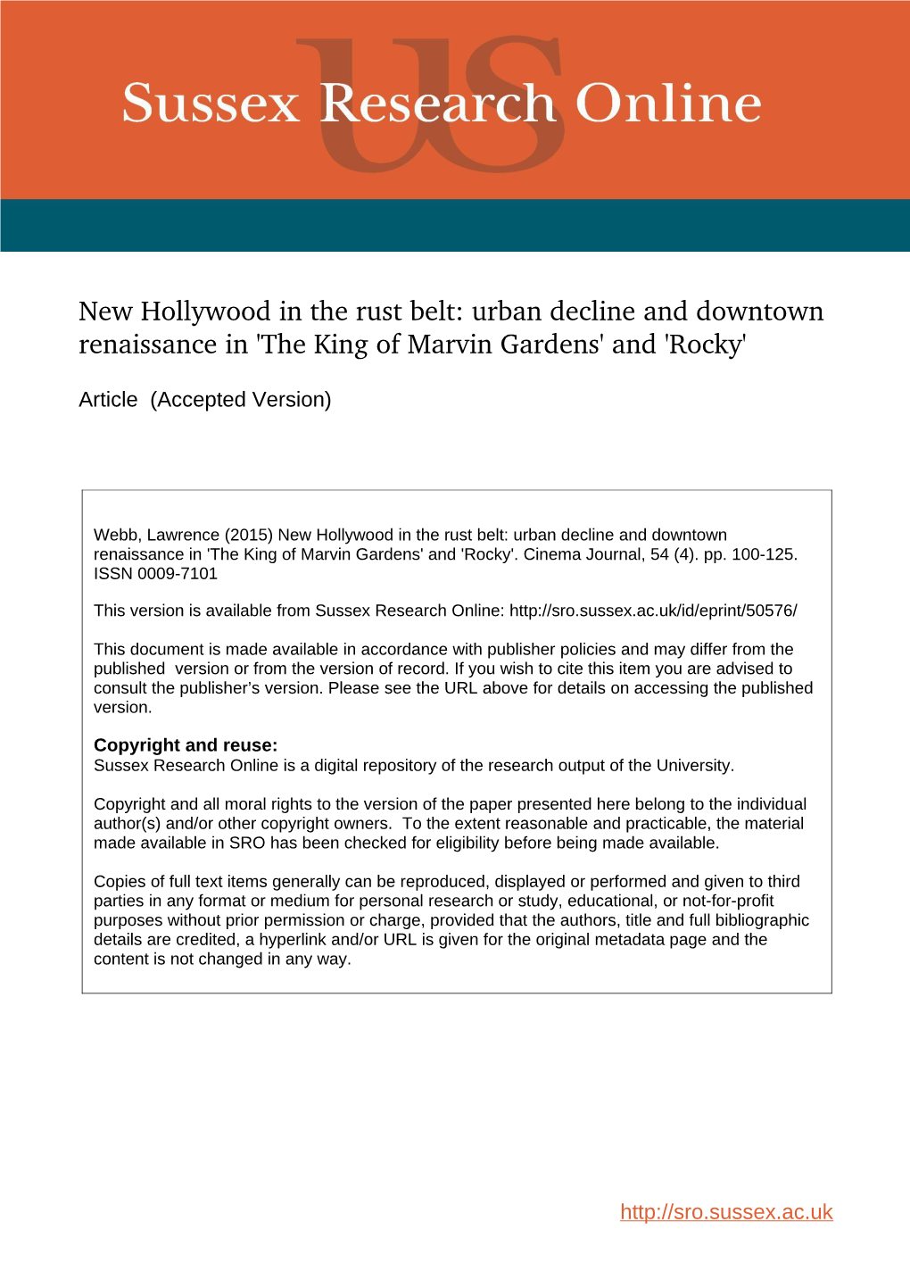 New Hollywood in the Rust Belt: Urban Decline and Downtown Renaissance in 'The King of Marvin Gardens' and 'Rocky'