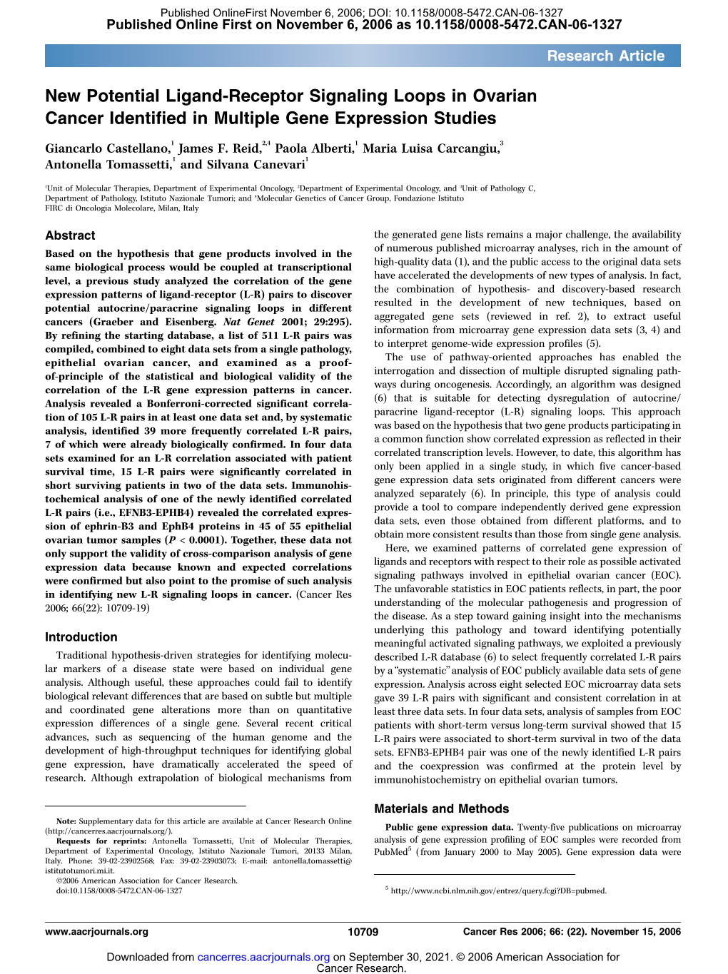 New Potential Ligand-Receptor Signaling Loops in Ovarian Cancer Identified in Multiple Gene Expression Studies