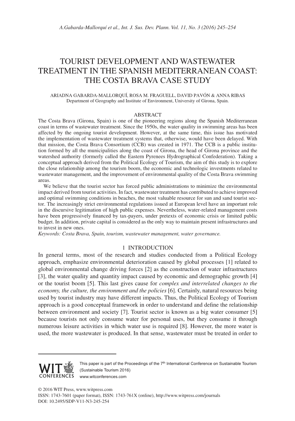 Tourist Development and Wastewater Treatment in the Spanish Mediterranean Coast: the Costa Brava Case Study