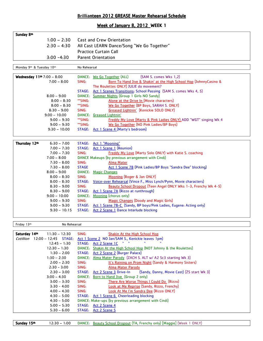 Brillianteen 2012 GREASE Master Rehearsal Schedule