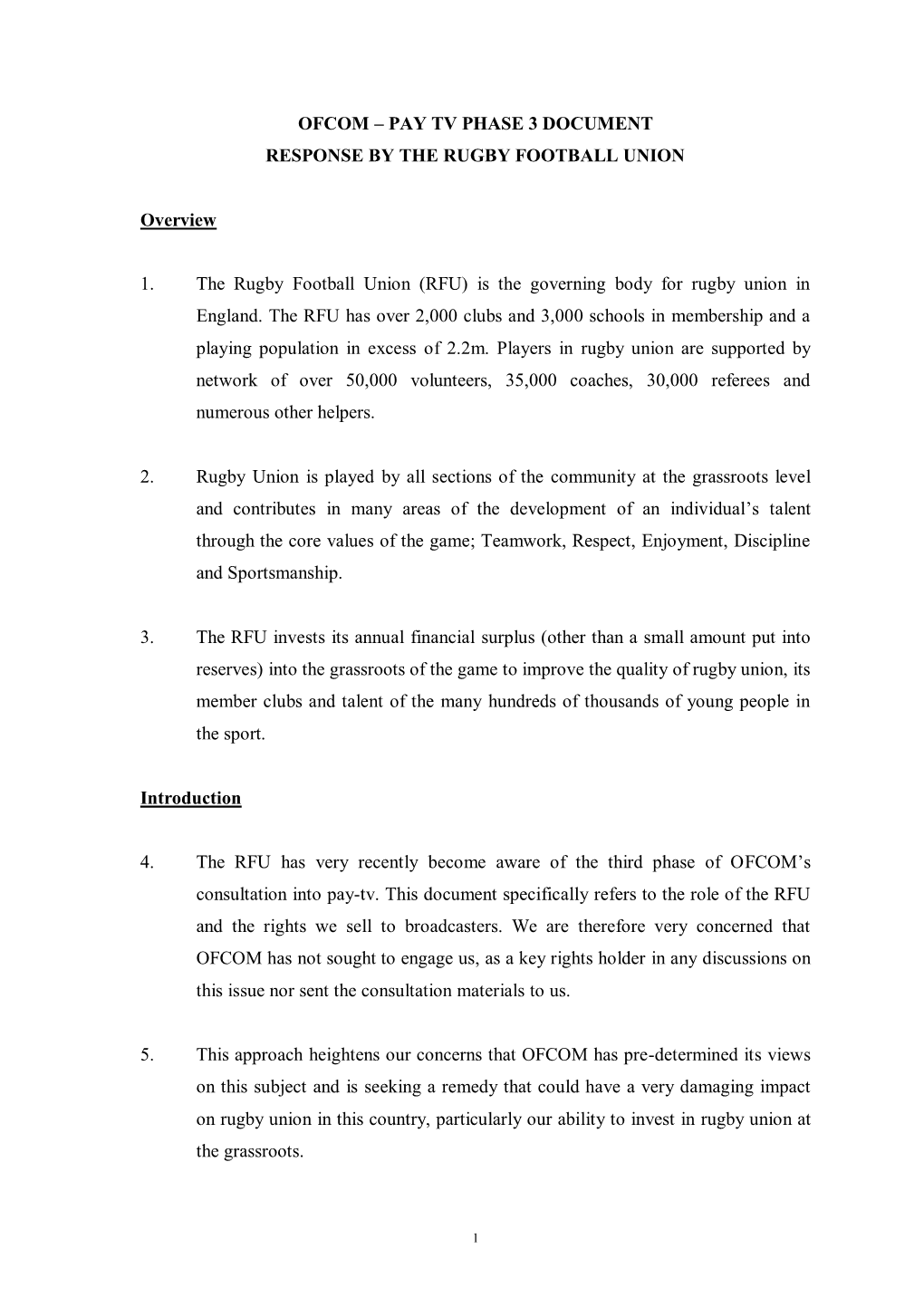 Pay Tv Phase 3 Document Response by the Rugby Football Union