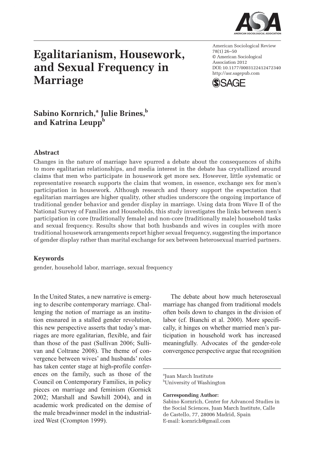 Egalitarianism, Housework, and Sexual Frequency in Marriage