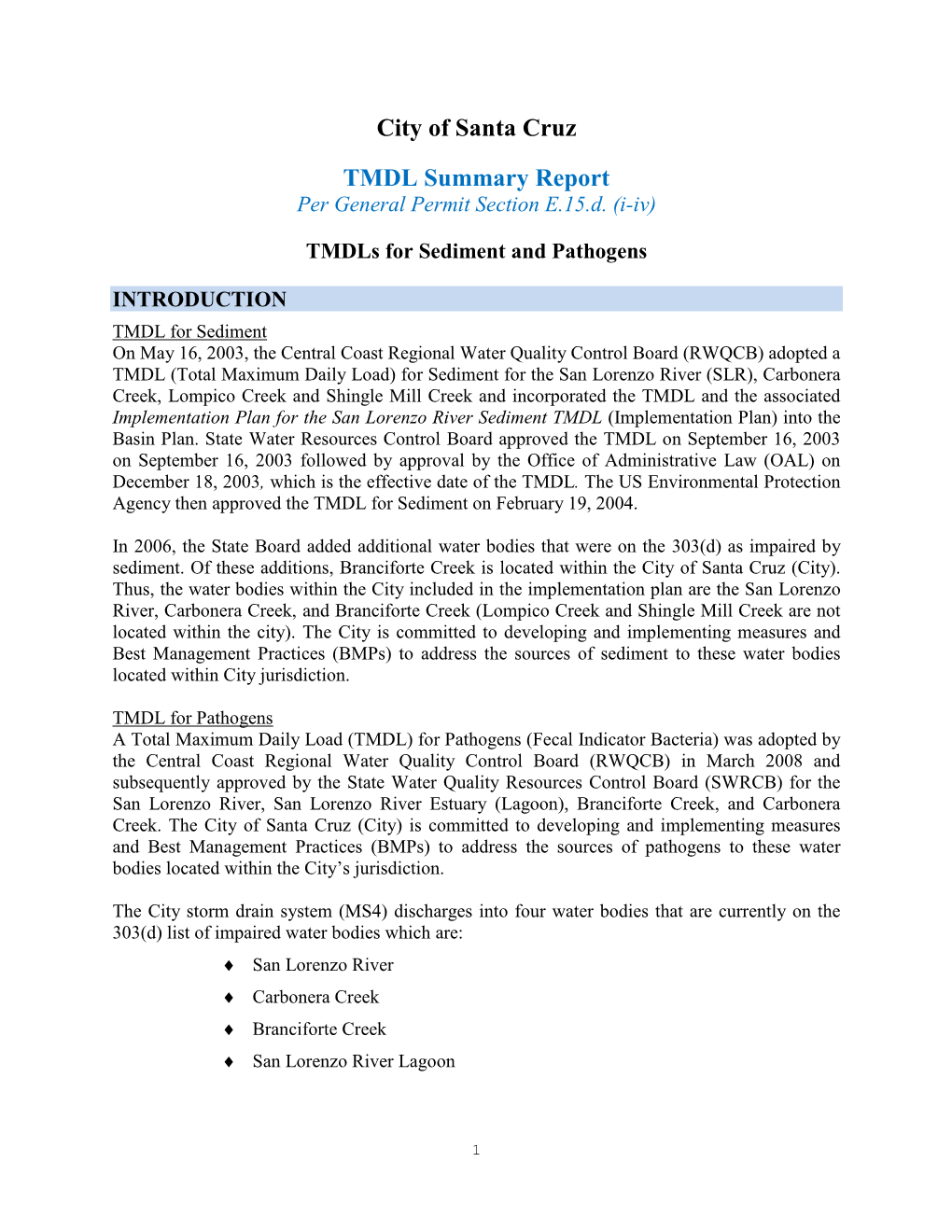 City of Santa Cruz TMDL Summary Report