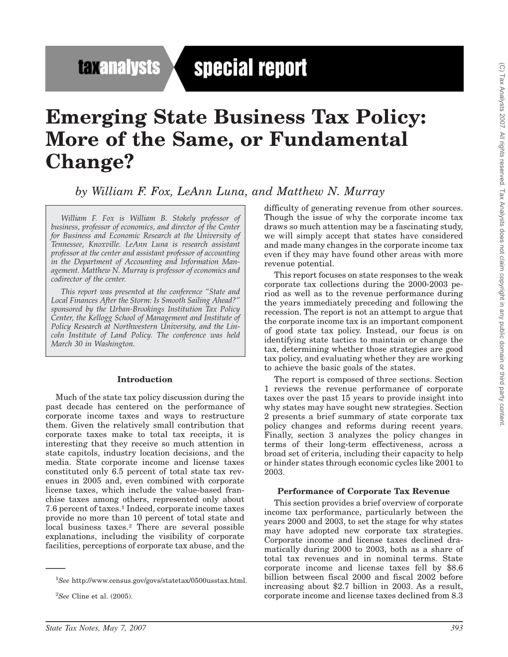 Emerging State Business Tax Policy: More of the Same, Or Fundamental Change?