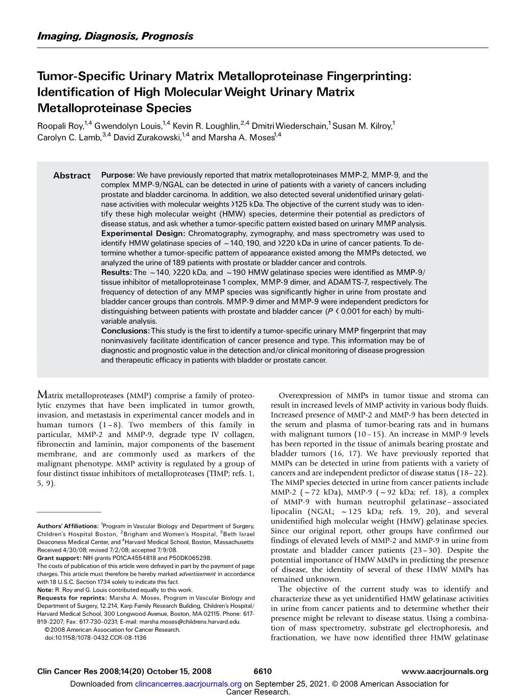 Tumor-Specific Urinary Matrix Metalloproteinase Fingerprinting