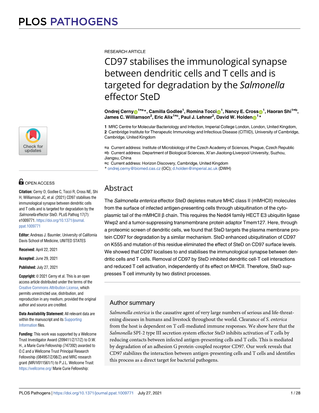 CD97 Stabilises the Immunological Synapse Between Dendritic Cells and T Cells and Is Targeted for Degradation by the Salmonella Effector Sted