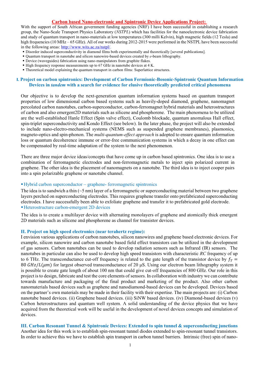 I. Project on Carbon Spintronics