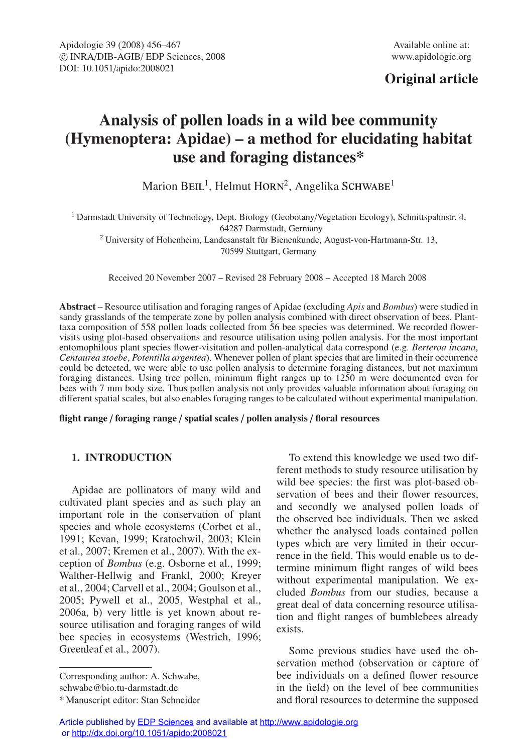 Hymenoptera: Apidae) – a Method for Elucidating Habitat Use and Foraging Distances*