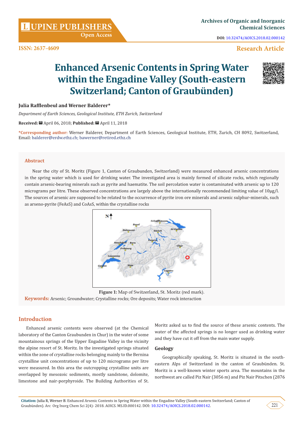 Enhanced Arsenic Contents in Spring Water Within the Engadine Valley (South-Eastern Switzerland; Canton of Graubünden)