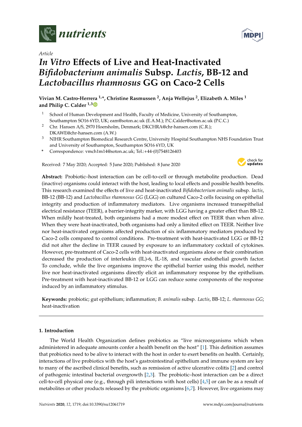 In Vitro Effects of Live and Heat-Inactivated Bifidobacterium