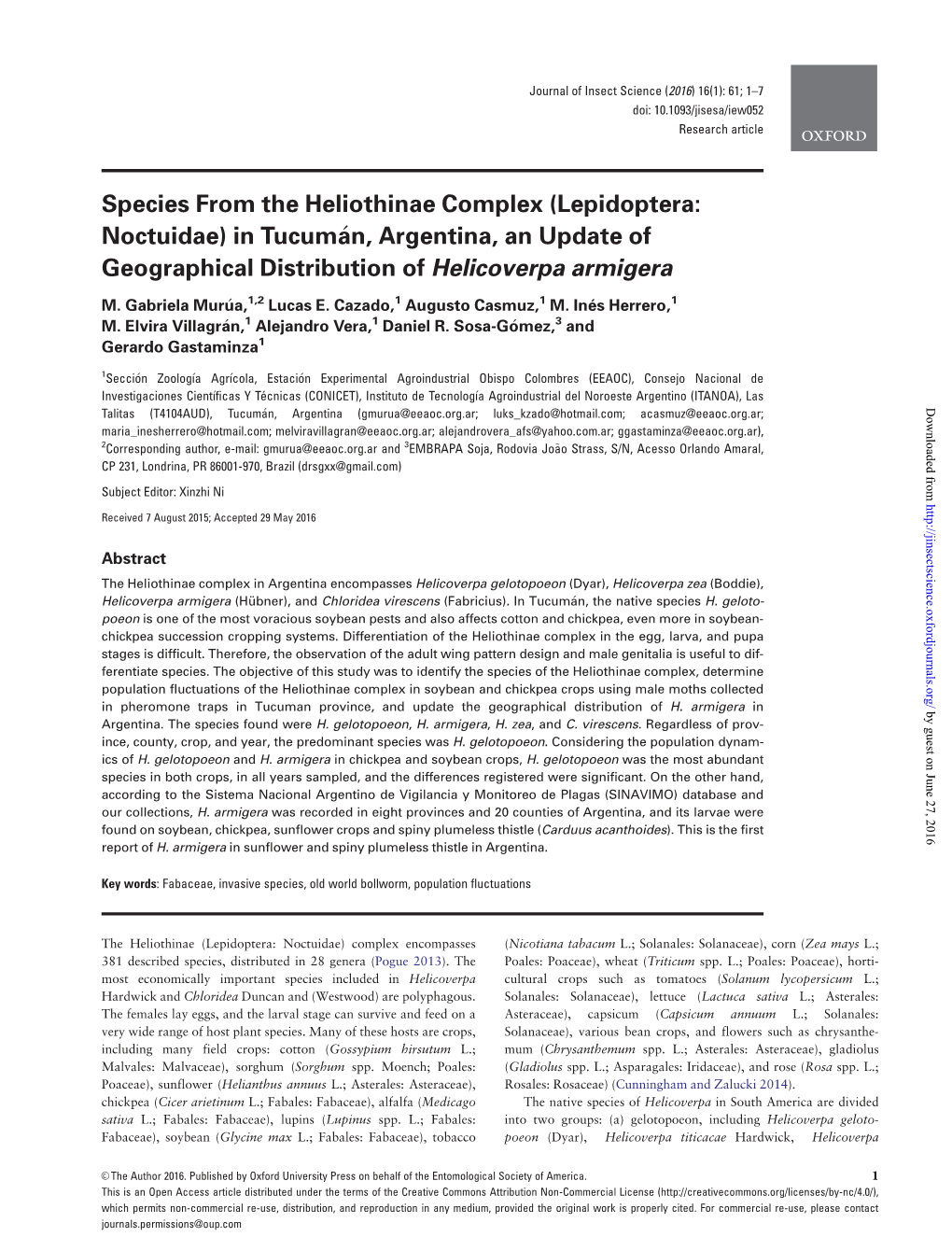 Species from the Heliothinae Complex (Lepidoptera: Noctuidae) in Tucuman,� Argentina, an Update of Geographical Distribution of Helicoverpa Armigera